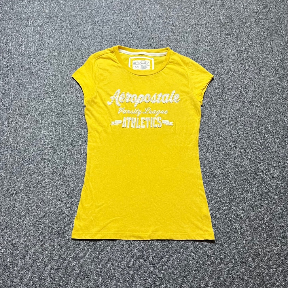 Aeropostale Varsity League Athletics Graphic Tee L Yellow Slim Fit Y2K Style